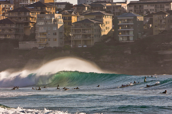 Surfers await the perfect wave at Manly Beach